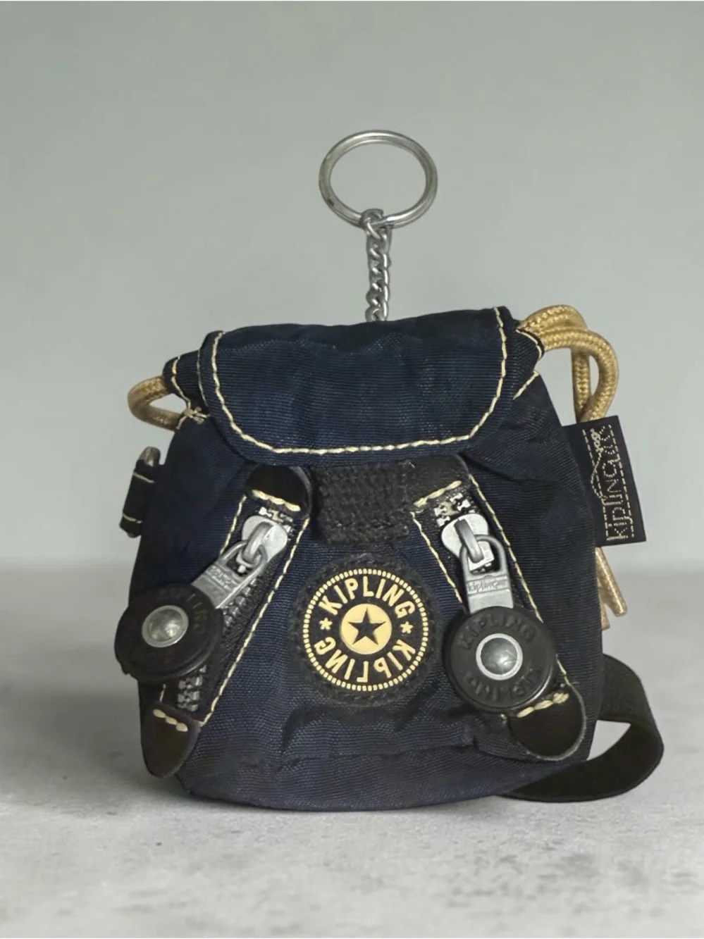 Vintage Kipling Mini Backpack Key Chain Blue/Beige Nylon Metal Logo Zipper Women